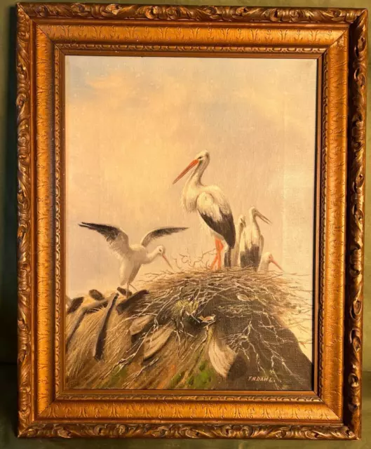 Old Vintage Artist Signed Original Oil Painting Landscape Birds Nest Storks DAHL