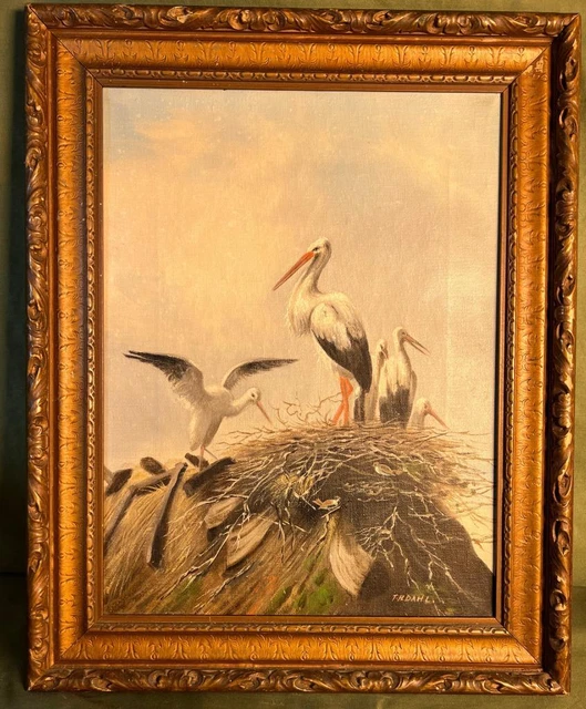 Old Vintage Artist Signed Original Oil Painting Landscape Birds Nest Storks DAHL