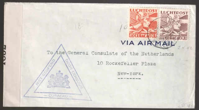 129 Curacao censored airmail cover 1942   GENERAL CONSULATE NETHERLANDS NEW YORK