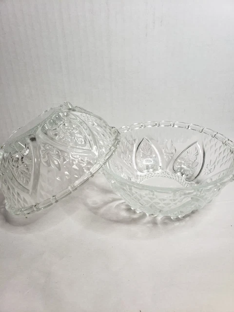 2 Vintage KIG Indonesia Pressed Glass Bowls Fleur De Lis Flower Heart Diamond
