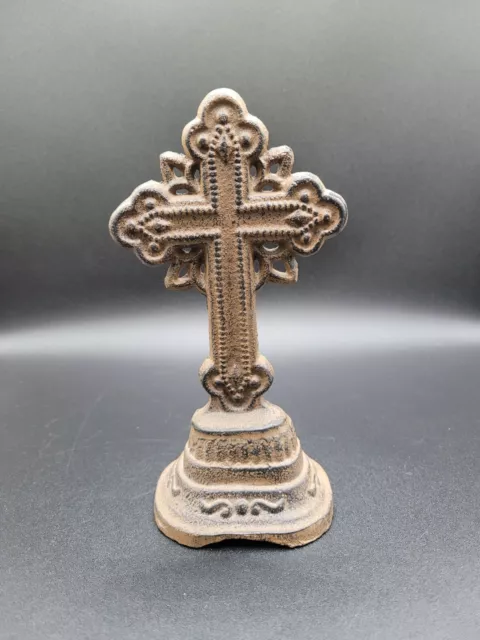 Vintage Ornate Cast Iron Metal Cross On Pedestal