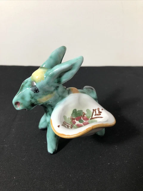 VTG Signed Donkey Art Pottery Green Glazed Mid Century Majolica 4”x3” Italian
