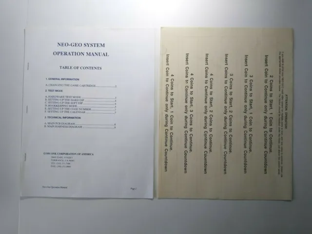 Neo Geo SNK System Original Video Arcade Game Operation Manual & Decals 1991