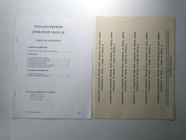 Neo Geo SNK System Original Video Arcade Game Operation Manual & Decals 1991
