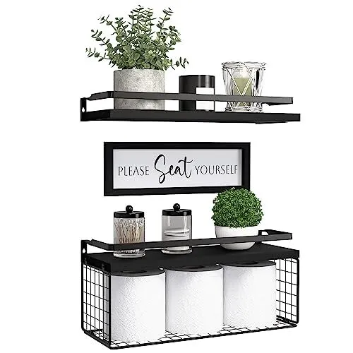 Floating Shelves with Wall Décor Sign, Bathroom Shelves Over Toilet with Black