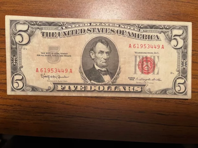 1963 E Five Dollar Bill $5 United States Note Red Seal FREE SHIPPING