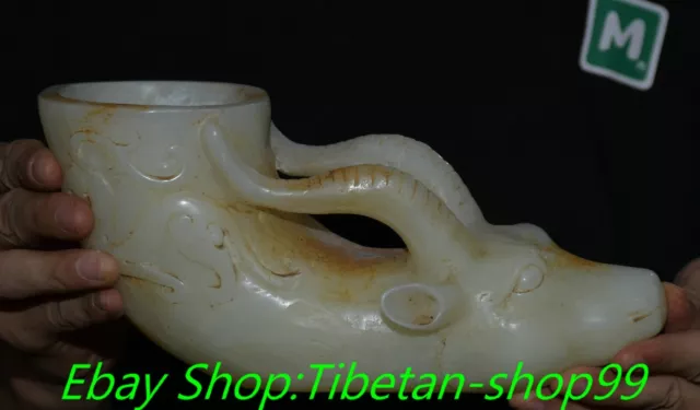 8.6'' Old White Jade Carving Sheep Head Wine Vessel Cup Mug Statue Sculpture