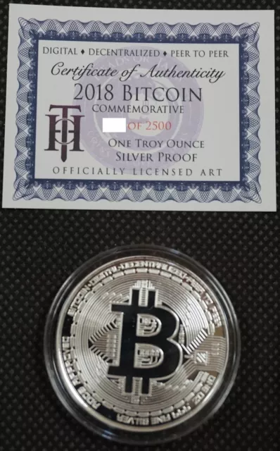 2018 BITCOIN PROOF 1 OZ .999 FINE SOLID SILVER COMMEMORATIVE AOCS LIMITED w/ COA