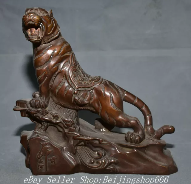 10" Old Chinese Bronze Fengshui 12 Zodiac Year Tiger Statue Sculpture