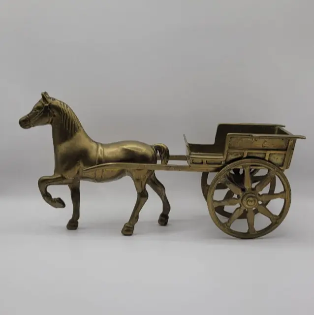 Statuette cheval avec calèche en laiton, vintage, années 50/60