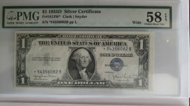 FR.1613W* $1 1935D Silver Certificate PMG Wide 58 EPQ Choice About uncirculated.