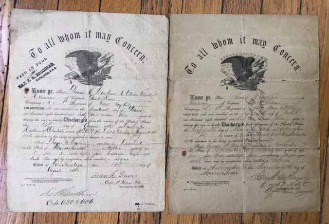 Original Civil War Discharge Papers Union Army Massachusetts Artillery Musician
