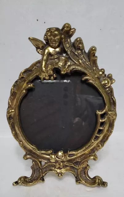 Victorian Cherub Miniature Picture Frame Easel Back Free Stand Antique Cast Iron