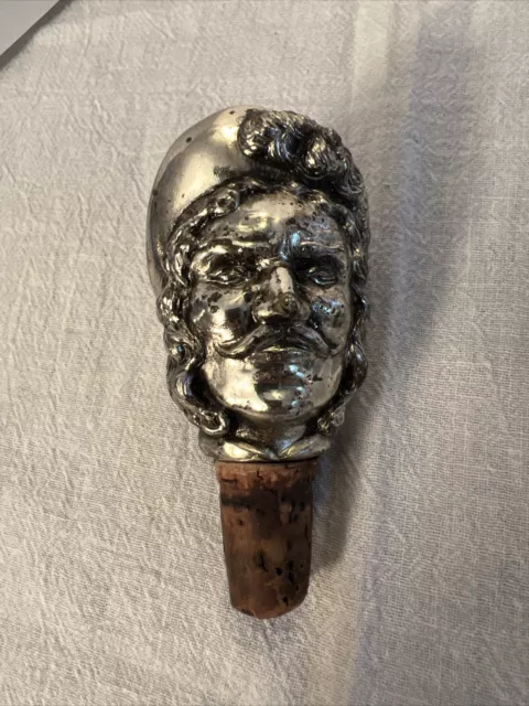 Vintage Bottle Cork Man’s Head Silver Tone Feathered Cap Regal Man Unique Bottle