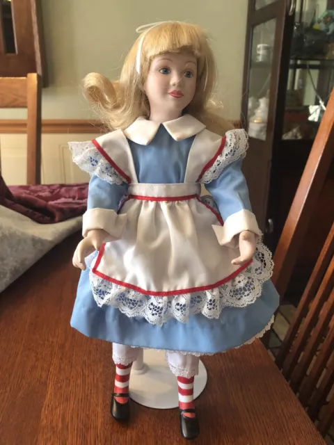 1989 Hamilton Collection Alice In Wonderland Porcelain Doll 13” Tall With Stand