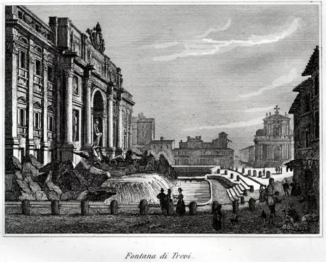 Roma: Fontana di Trevi. Audot. Acciaio. Stampa Antica + Passepartout. 1836
