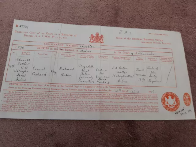 Birth Certificate ERNEST RICHARD ACTON 11/10/1870 16 Clayton Street Hulme §DJ165