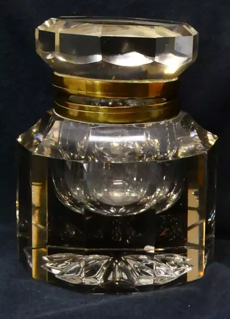 Vintage Cut Glass Crystal And Brass Inkwell with Hinged Lid