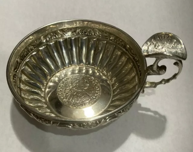 Sommelier Wine Tasting Porringer Cup Spanish 1808 Reale &1736 Tari Silver Coins