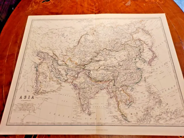 c1879 Large Colour Map K. Johnston General Atlas Antique Asia China India Japan