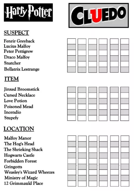 CLUEDO HARRY POTTER Detective Notes - 100 (50 Double Sided Loose Sheets) -  A6 £4.99 - PicClick UK