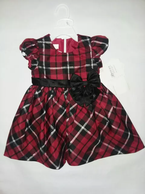 Bonnie Baby Red Black Plaid Bow Christmas Holiday Dress Girls Sz 18 Months NWT