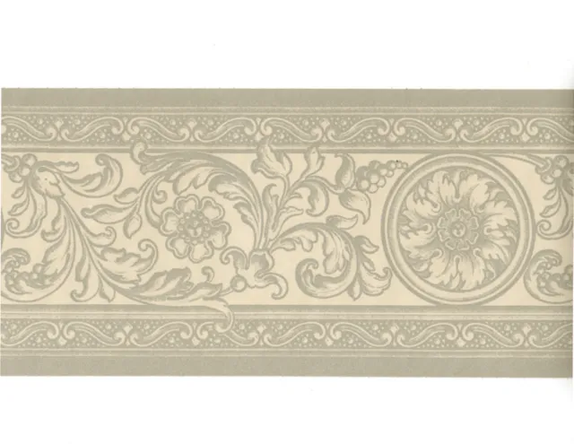 French Damask Grey Beige Cream Scroll Acanthus Leaf Medallion Wall paper Border