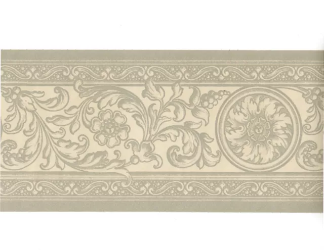 French Damask Grey Beige Cream Scroll Acanthus Leaf Medallion Wall paper Border