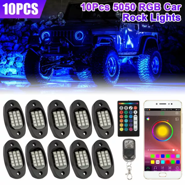 10 Pods RGB LED Rock Lights Offroad ATV Underbody Wireless Music Bluetooth APP