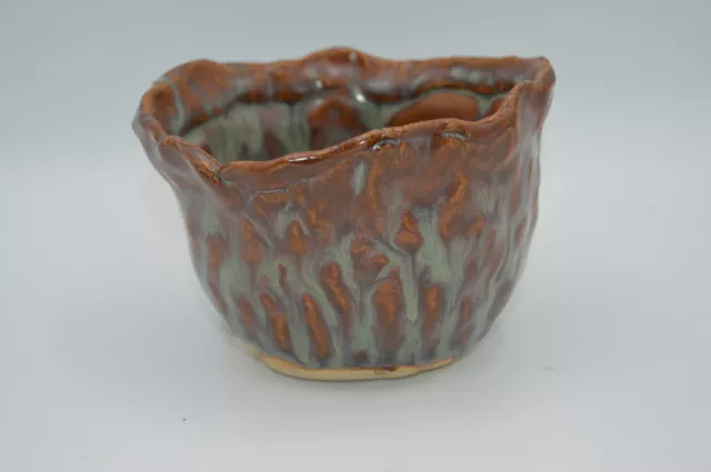 Signed Studio Hand Thrown Art Pottery Bowl with Green and Brown Drip Glaze