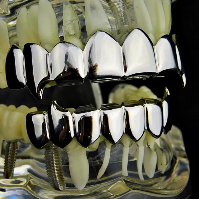 Fang Grillz Set Eight Top 8 Bottom 16 PC Teeth Fangs Silver Tone Vampire Grills