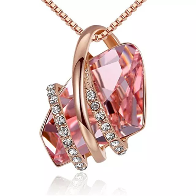Ladies Fashion Rose Gold Plated Pink Crystal White Zircon Necklace Jewelry