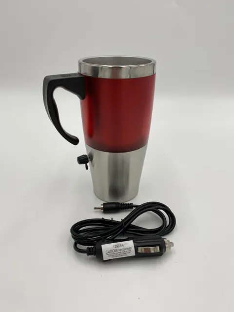Heated Travel  Coffee Mug Cup Stainless Steel 15 oz 12V DC Adapter New Box Red 3