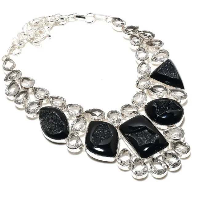 Collier de bijoux en argent Sterling 925 avec Druzy noir et topaze blanche,...