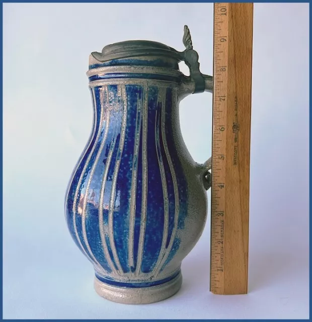 A Superb Westerwald Stoneware Pear-Shaped Jug With Cobalt Vertical Stripes, 1700