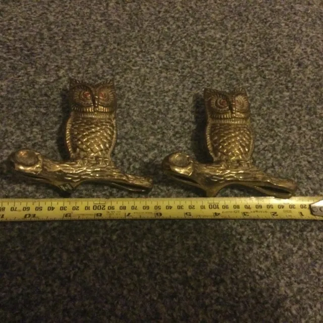 2. Vintage Brass Owls Ornaments Pair Metal Owls Heavy Perched Owls Birds 5" Tall