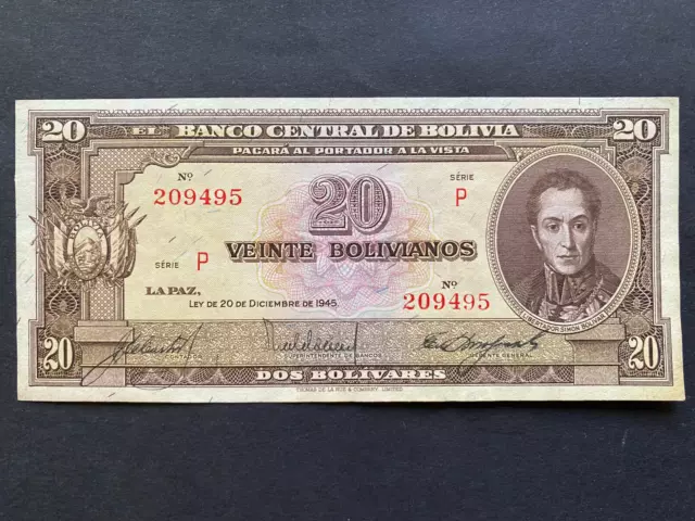 BOLIVIA, 1945, Billete Banco Central de Bolivia, VEINTE BOLIVIANOS, Serie P, Cir