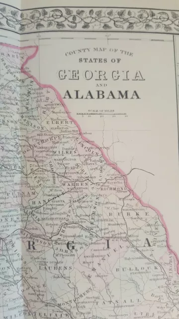 Antique Colored MAP - COUNTY MAP OF THE STATES OF GEORGIA & ALABAMA - 1880 2