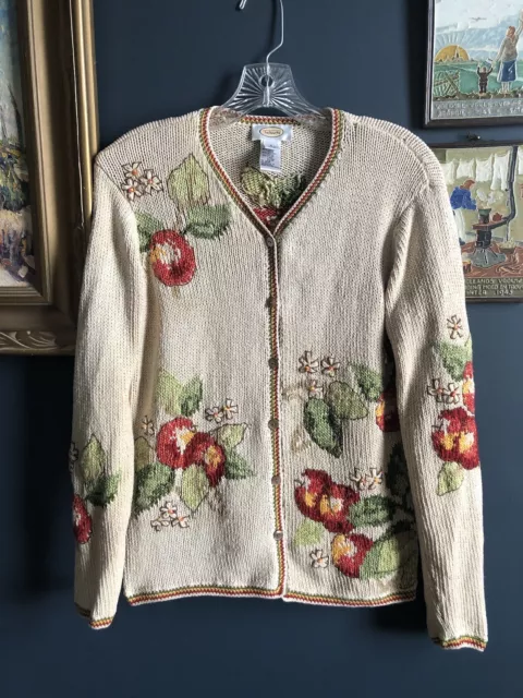 Vintage Talbots Cotton Knit Embroidered Floral Cardigan Sweater Ivory S Small