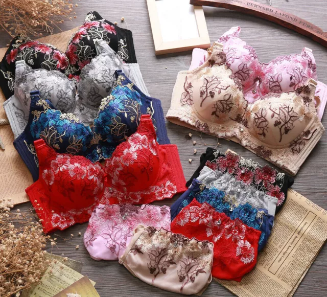 UK Sexy Embroidery Lace Extreme Padded Push Up Underwear Bra Set Plunge Bra  Sets