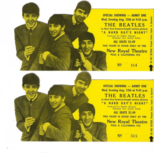 Two  Beatles “A Hard Day’s Night” MOVIE TICKET STUBS San Francisco Ca. Aug. 12th