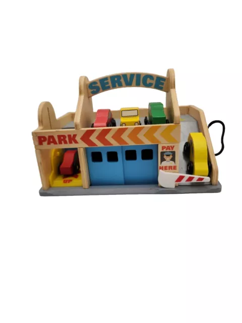 Melissa And Doug Wooden Service Station Parking Garage & 5 Vehicles Car Wash