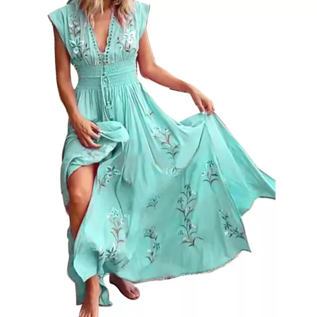 Womens Boho Floral Sleeveless Long Dress Ladies Casual V Neck Beach Sundress ღ