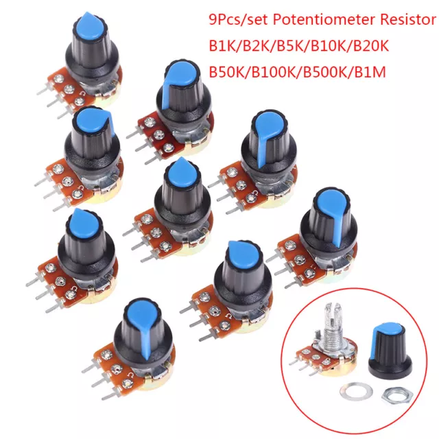 9Pcs/set 1K 2K 5K 10K 20K 50K 100K 500K 1M Ohm Linear Taper Rotary PotentioF#km