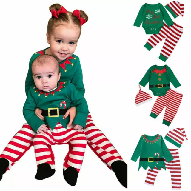 Costume elfo di Natale neonato bambino top di Natale + pantaloni + cappello abito elegante. Abito