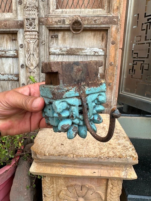 Ancient Old Wooden Hand Carved Floral Blue Painted Hanger Hook Bracket Panel