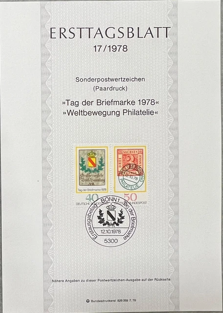 Ersttagsblatt Tag der Briefmarke 1978 Weltbewegung Philatelie Sonderpostwert