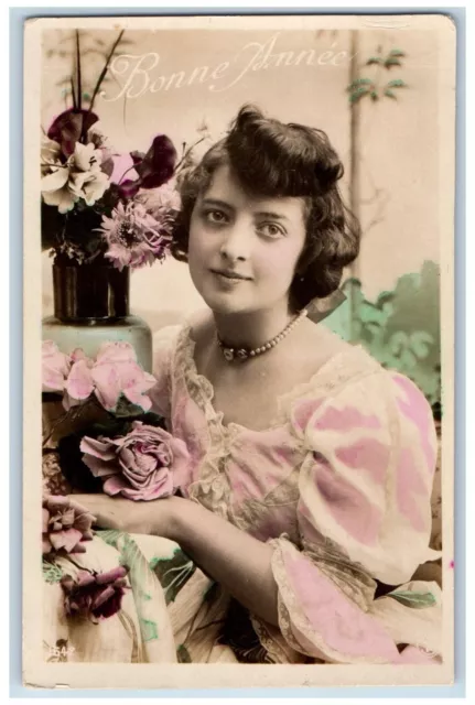 New Year Postcard RPPC Photo Bonne Anne Pretty Woman Curly Hair Flowers c1910's