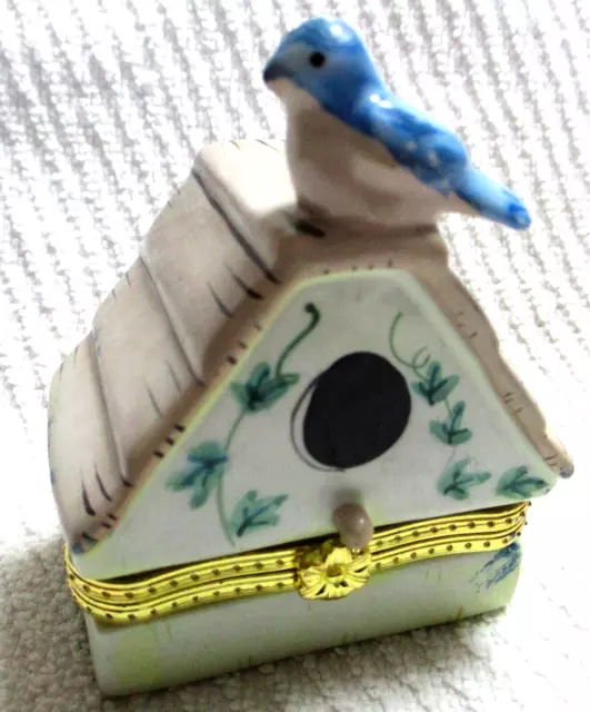 Porcelain Hinged Mini Trinket Box, Little Bluebird On Bird House