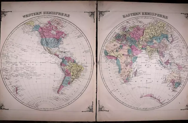 1874 Map of The EASTERN & WESTERN HEMISPHERES of the WORLD (14X17ea)-#1834